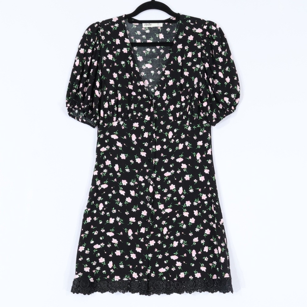 Elodie Mini Dress Womens M Black Floral Lace Trim Button Front Boho Cottagecore
